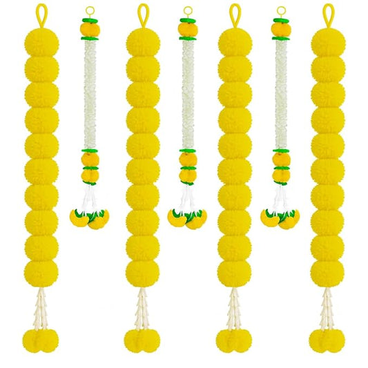 Atrtificial Yellow Marigold and White Mogra Garlands Hanging Backdrop Decorations Set of 7
