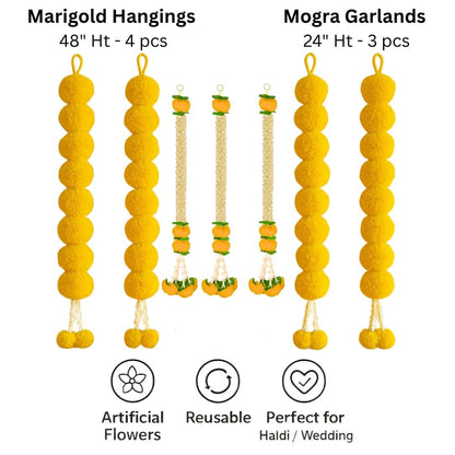 Atrtificial Yellow Marigold and White Mogra Garlands Hanging Backdrop Decorations Set of 7