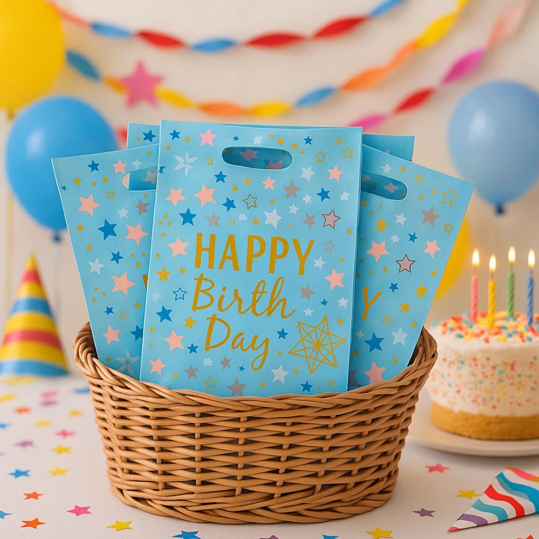 Happy Birthday Stary Affairs Aluminium Film Blue Loot Bags Pack of 20