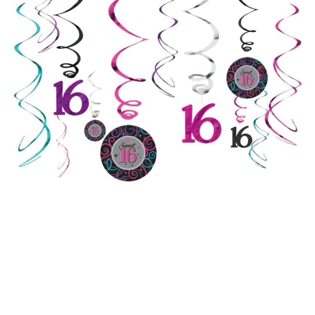 Sweet 16 Swirl Decorations - Hanging Ceiling Swirls for 16th Birthday Party - 12 Pc