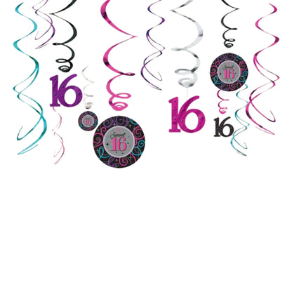 Sweet 16 Swirl Decorations - Hanging Ceiling Swirls for 16th Birthday Party - 12 Pc