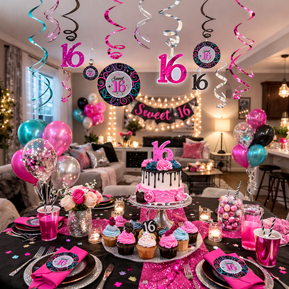 Sweet 16 Swirl Decorations - Hanging Ceiling Swirls for 16th Birthday Party - 12 Pc