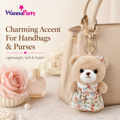 Teddy Bear Plush Keychain, Cute Soft Bear Bag Charm with Floral Dress | Gold Metal Chain, Backpack, Handbag, Keys, Birthday Return Gift & Party Favor – 1PC