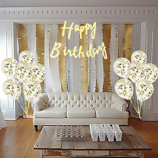 Golden Happy Birthday Cursive Banner with Golden Confetti Balloons and Wall Hooks Combo - Set of 13
