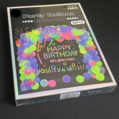 Neon Happy Birthday Banner with Glow In The Dark Balloon Arch Decoration Kit - 80PC