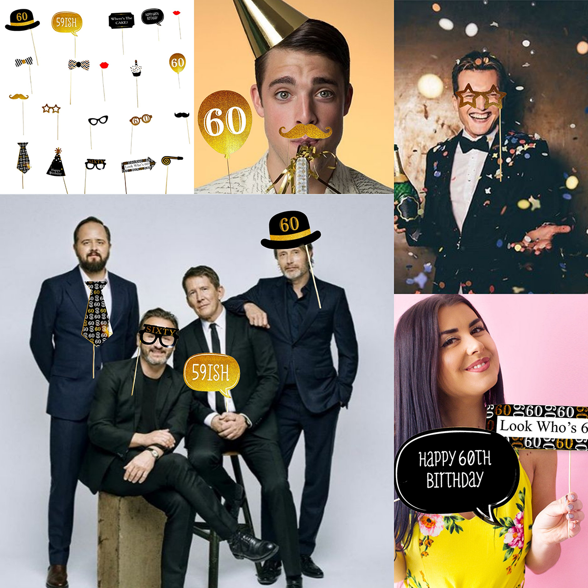 60th Birthday Photo Booth Props Gold & Black - 20Pc