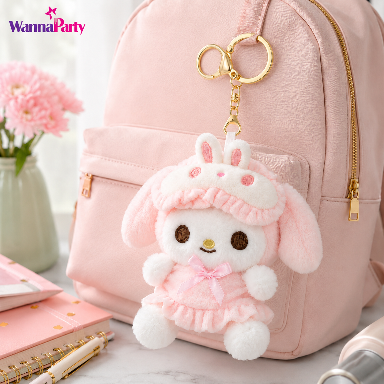 My Melody Cute Kawaii Plush Keychain, Soft Pink Bunny | Hood Character Bag Charm with Gold Metal Chain, Backpack, Handbag, Keys, Birthday Return Gift & Party Favor – 1PC