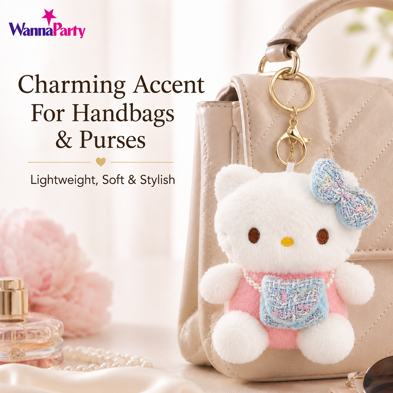 Blue Hello Kitty Plushy Key Chain | Cute Kawaii Blue Cat Plush Keychain | Soft Bag Charm with Blue Bow & Mini Purse, Gold Metal Chain for Backpack, Handbag, Keys, Birthday Return Gift & Party Favor – 1PC