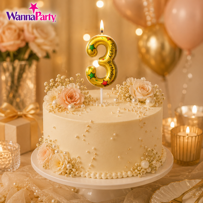 Golden Color Happy Birthday Printed Candle Number 3