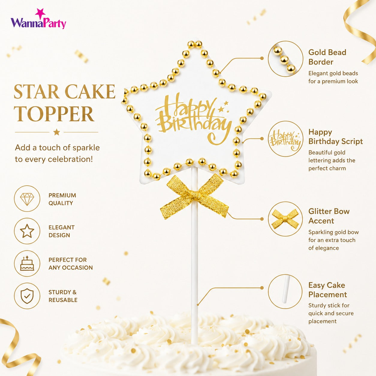 Birthday Star Cake Topper, White & Gold Star Design with Bead Border & Bow | Birthday Cake Decoration Kit for Kids, Adults, Party Cakes & Dessert Table – 1PC