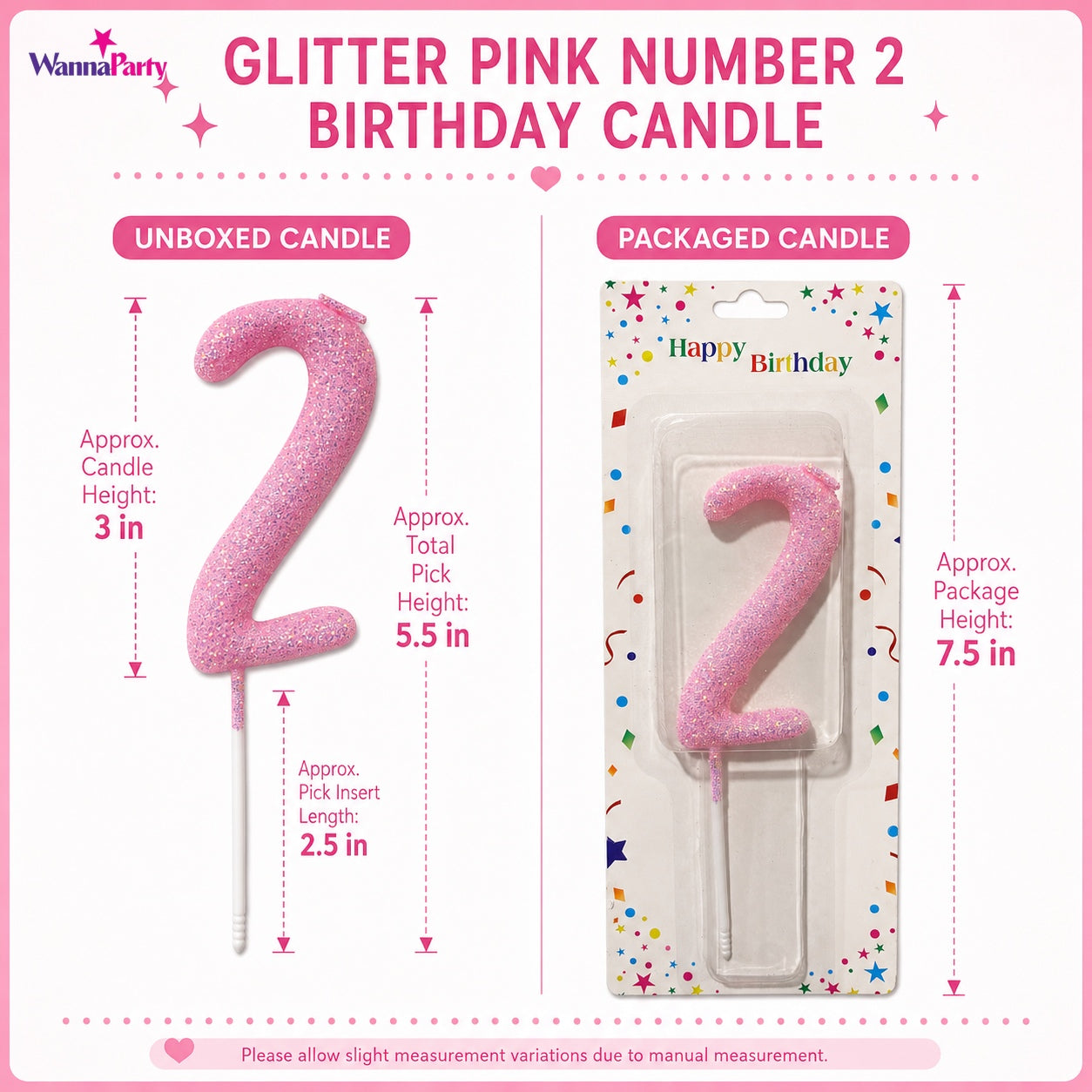 Glitter Designer Pink Candle Number 2 | Cake Candles