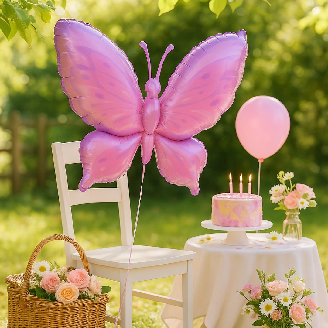 Butterfly Shaped Metallic Pistachio & Pink Balloon with Purple Thorax - Helum Quality - 34 inches - 1PC