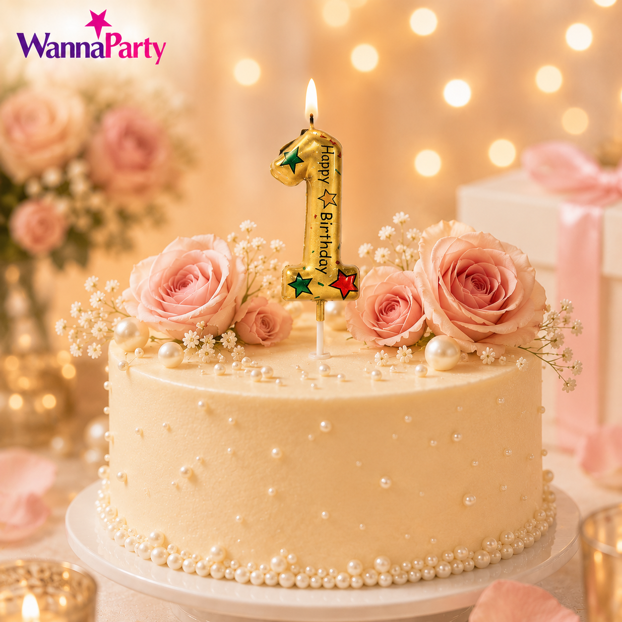 Golden Color Happy Birthday Printed Candle Number 1