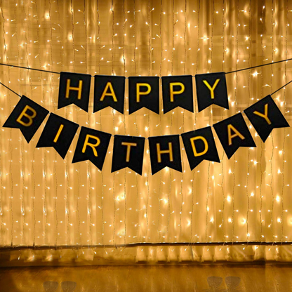 Happy Birthday Decoration Items - Black Happy Birthday Backdrop Decorations | Happy Birthday Decoration Kit | Black Happy Birthday Banner with LED Lights (Cardstock)