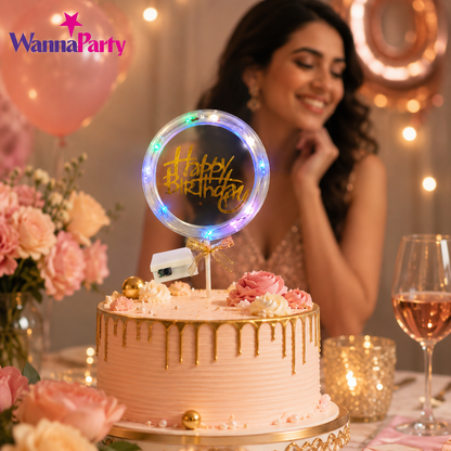 Happy Birthday LED Cake Topper, Transparent Round Cake Decoration with Gold Text, Built-In Light String & Bow for Birthday Party, Cakes, Cupcakes & Dessert Table – 1PC