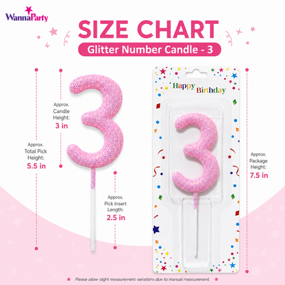 Glitter Designer Pink Candle Number 3 | Cake Candles