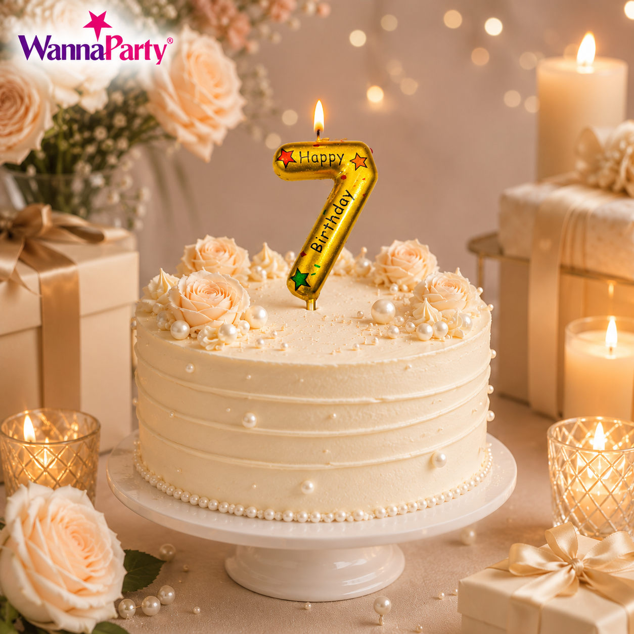 Golden Color Happy Birthday Printed Candle Number 7