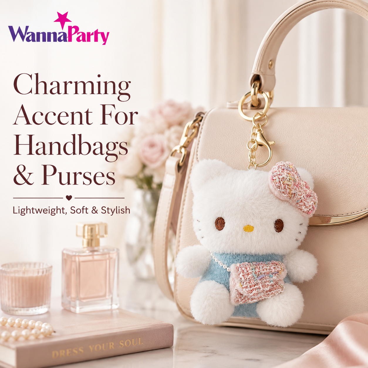 Pink Hello Kitty Plushy Key Chain | Cute Kawaii Pink Cat Plush Keychain | Soft Bag Charm with Blue Bow & Mini Purse, Gold Metal Chain for Backpack, Handbag, Keys, Birthday Return Gift & Party Favor – 1PC