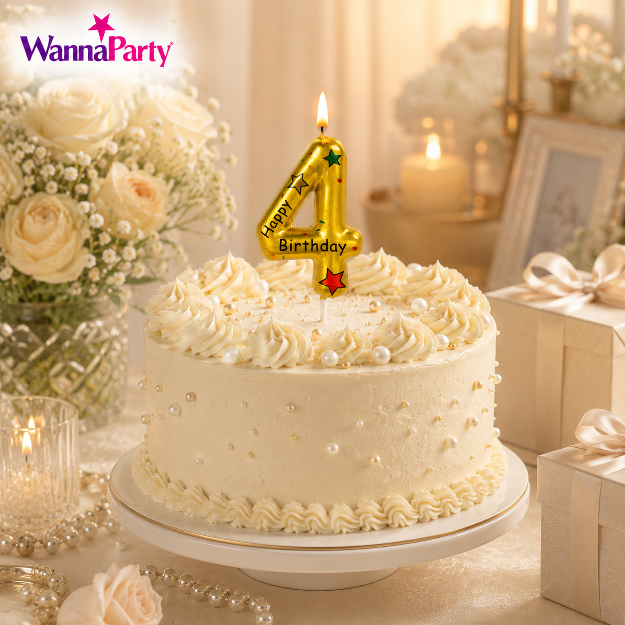 Golden Color Happy Birthday Printed Candle Number 4