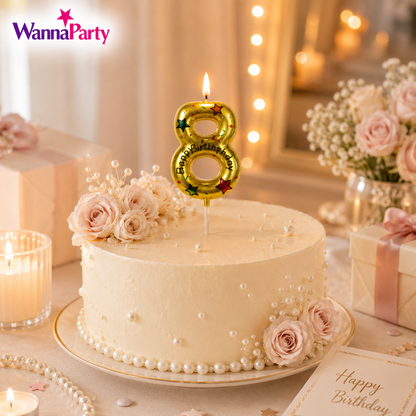 Golden Color Happy Birthday Printed Candle Number 8