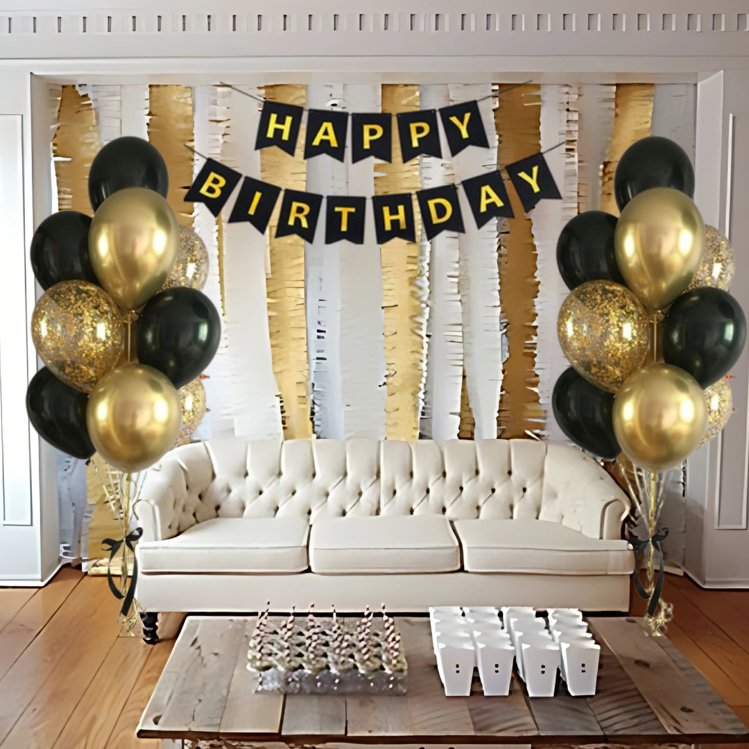 Happy Birthday Banner, Black and Gold Birthday Decoration Set of 13- Birthday Banner with 12inch Balloons, Ribbon and Adhesive Wall Hooks for Happy Birthday Decorations for Men, Boys, Women and Girls