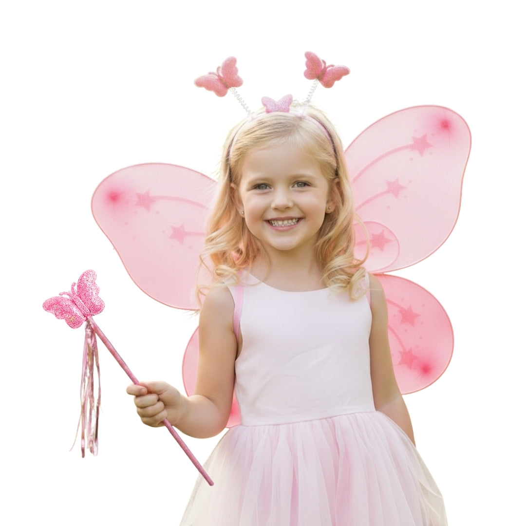 Butterfly Wings, Wand w/ Headband Set For Girls - 3PC Wanna Party Butterfly Wings, Wand w/ Headband Set For Girls - 3PC Wanna Party