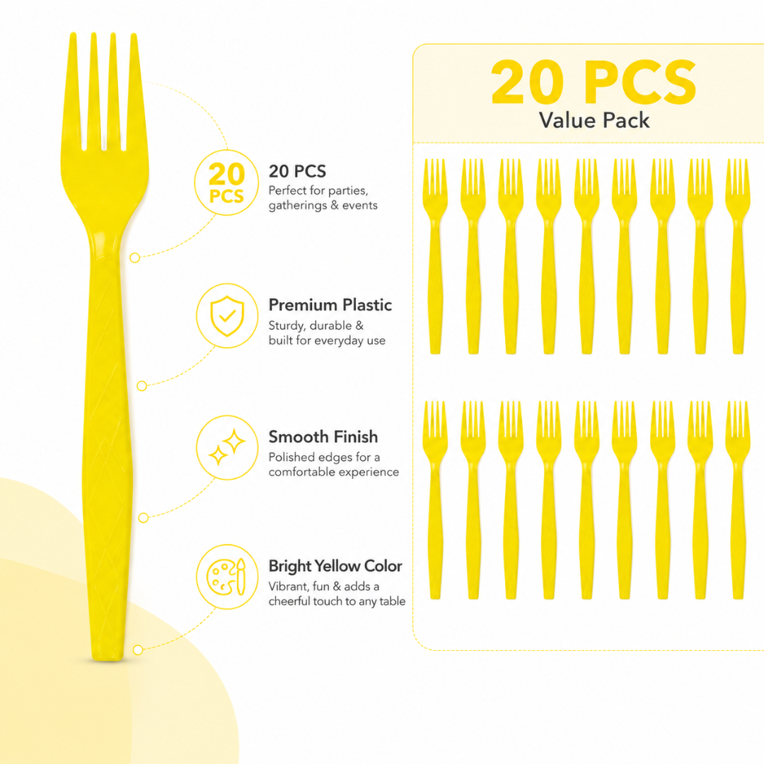 Yellow Premium Plastic Forks for Fruits or Noodles - 20PC