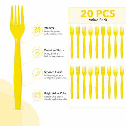 Yellow Premium Plastic Forks for Fruits or Noodles - 20PC