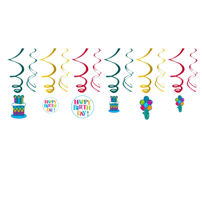 Happy Birthday Swirl Decoration / Ceiling Hanging Decoration for Living Room or Dining Room Ceilings - Pack of 12 PC