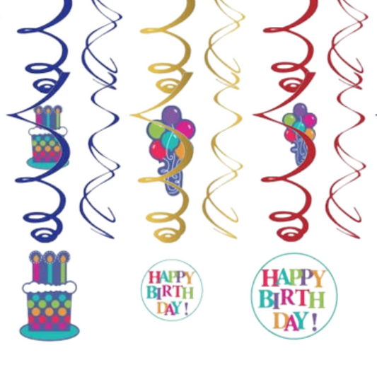 Happy Birthday Swirl Decoration / Ceiling Hanging Decoration for Living Room or Dining Room Ceilings - Pack of 12 PC