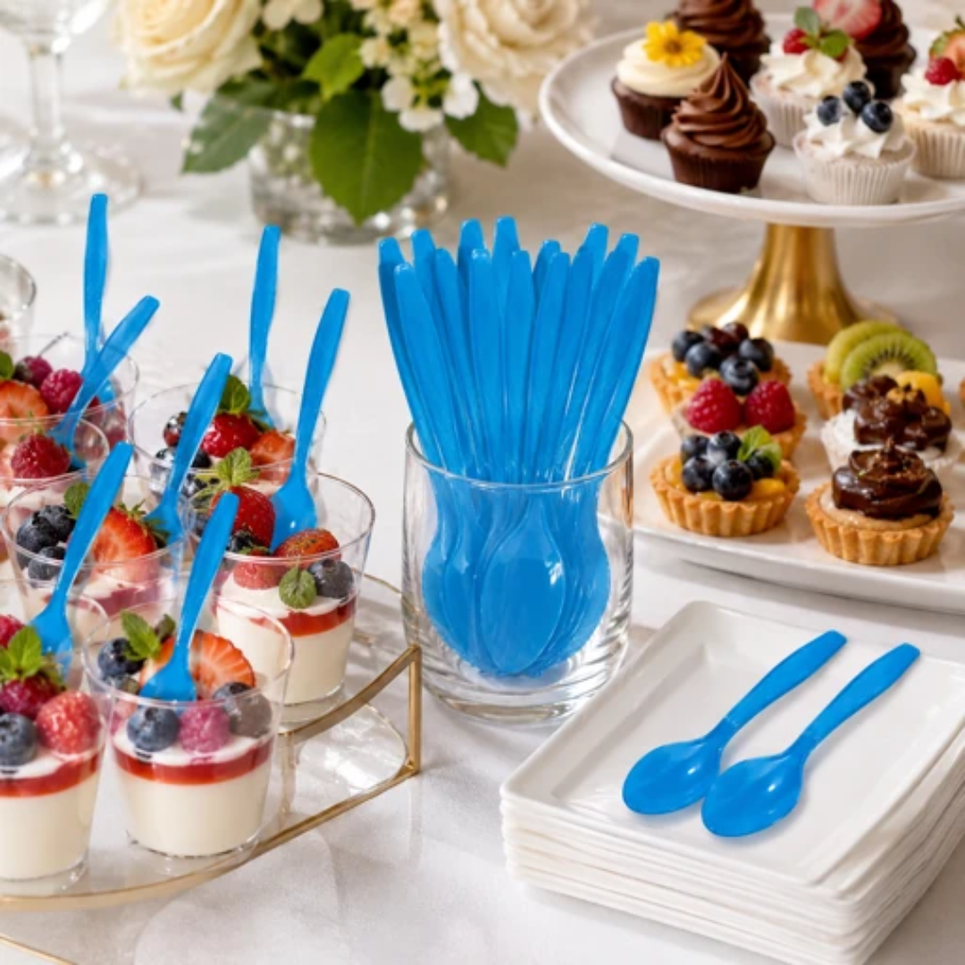 Light Blue Spoons - 20PC | Pastel Blue Party Spoons for Cake, Dessert or Snacks | Sturdy Picnic Spoons
