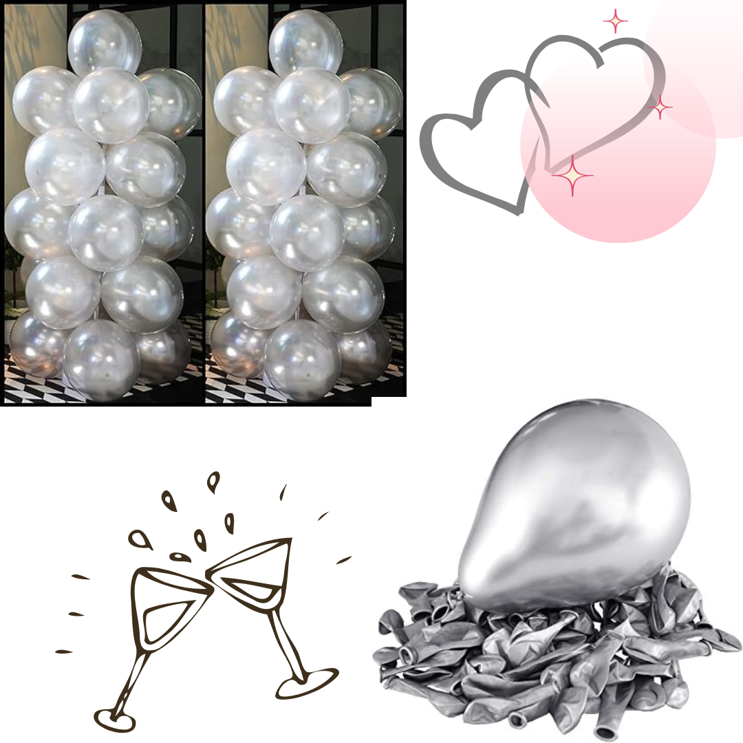 Silver Metallic Balloons, 12 Inch Silver Latex Helium Balloons -Pack of 10