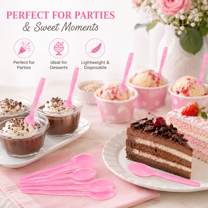 Light Pink Spoons - 20PC | Pastel Pink Party Spoons for Cake, Dessert or Snacks | Sturdy Picnic Spoons