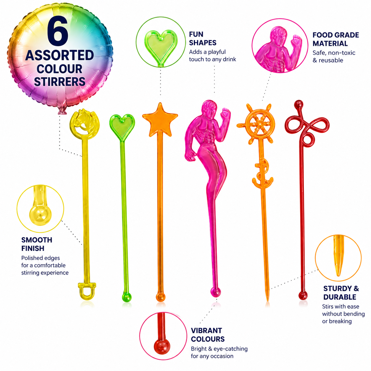 Assorted Colour Drink Stirrers – 6 Pc