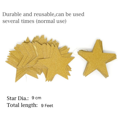 Golden Glitter Star String Decoration - 9FT - 1PC