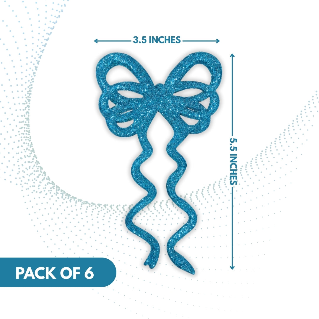 Fancy Blue Glitter Christmas Bows For Hanging Decor -  6PC