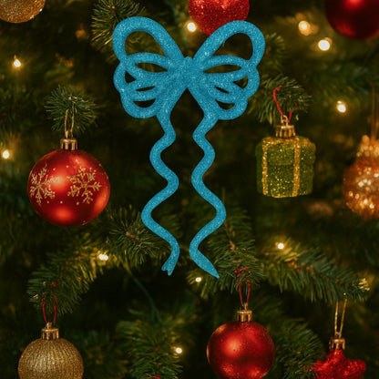 Fancy Blue Glitter Christmas Bows For Hanging Decor -  6PC