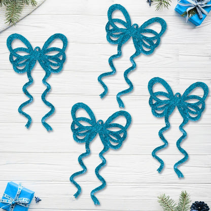 Fancy Blue Glitter Christmas Bows For Hanging Decor -  6PC