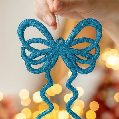 Fancy Blue Glitter Christmas Bows For Hanging Decor -  6PC
