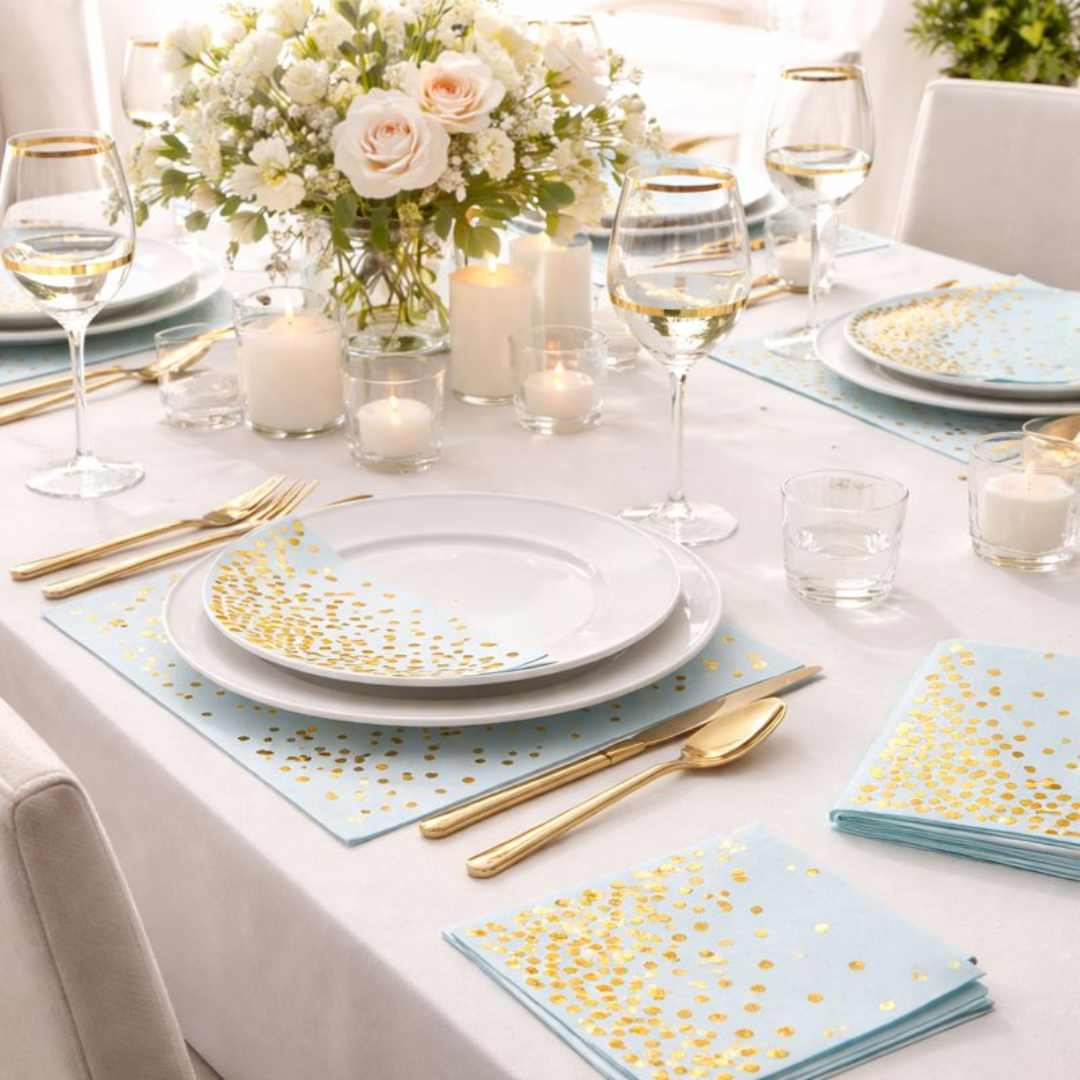 Light Blue Paper Napkins w/Golden Polka Dots - 20PC