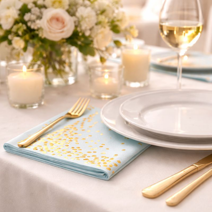 Light Blue Paper Napkins w/Golden Polka Dots - 20PC