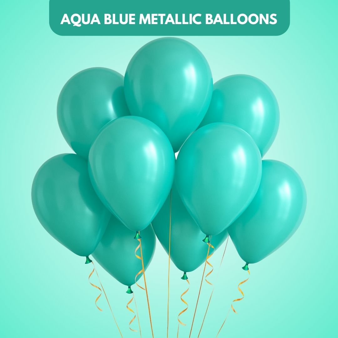 Aqua Blue Metallic Latex/Rubber Balloons - Air Filled -  12 inches - 10PC