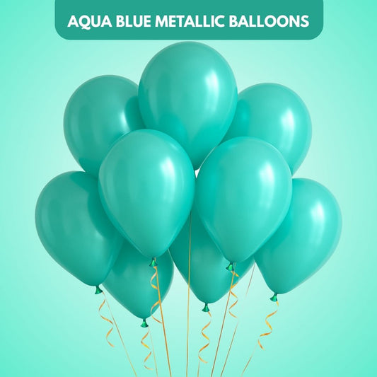 Aqua Blue Metallic Latex/Rubber Balloons - Air Filled -  12 inches - 10PC