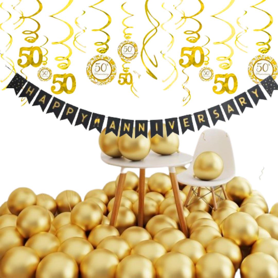 50th Anniversary Party Decorations Combo Pack- 50th Anniversary Swirls, Happy Anniversary Banner,20 Golden Latex Balloons