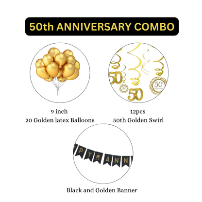 50th Anniversary Party Decorations Combo Pack- 50th Anniversary Swirls, Happy Anniversary Banner,20 Golden Latex Balloons