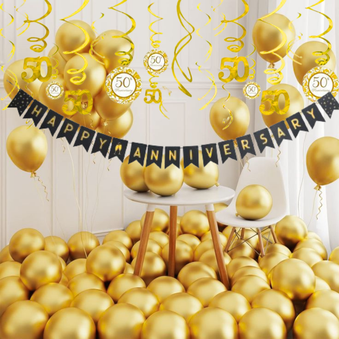 50th Anniversary Party Decorations Combo Pack- 50th Anniversary Swirls, Happy Anniversary Banner,20 Golden Latex Balloons