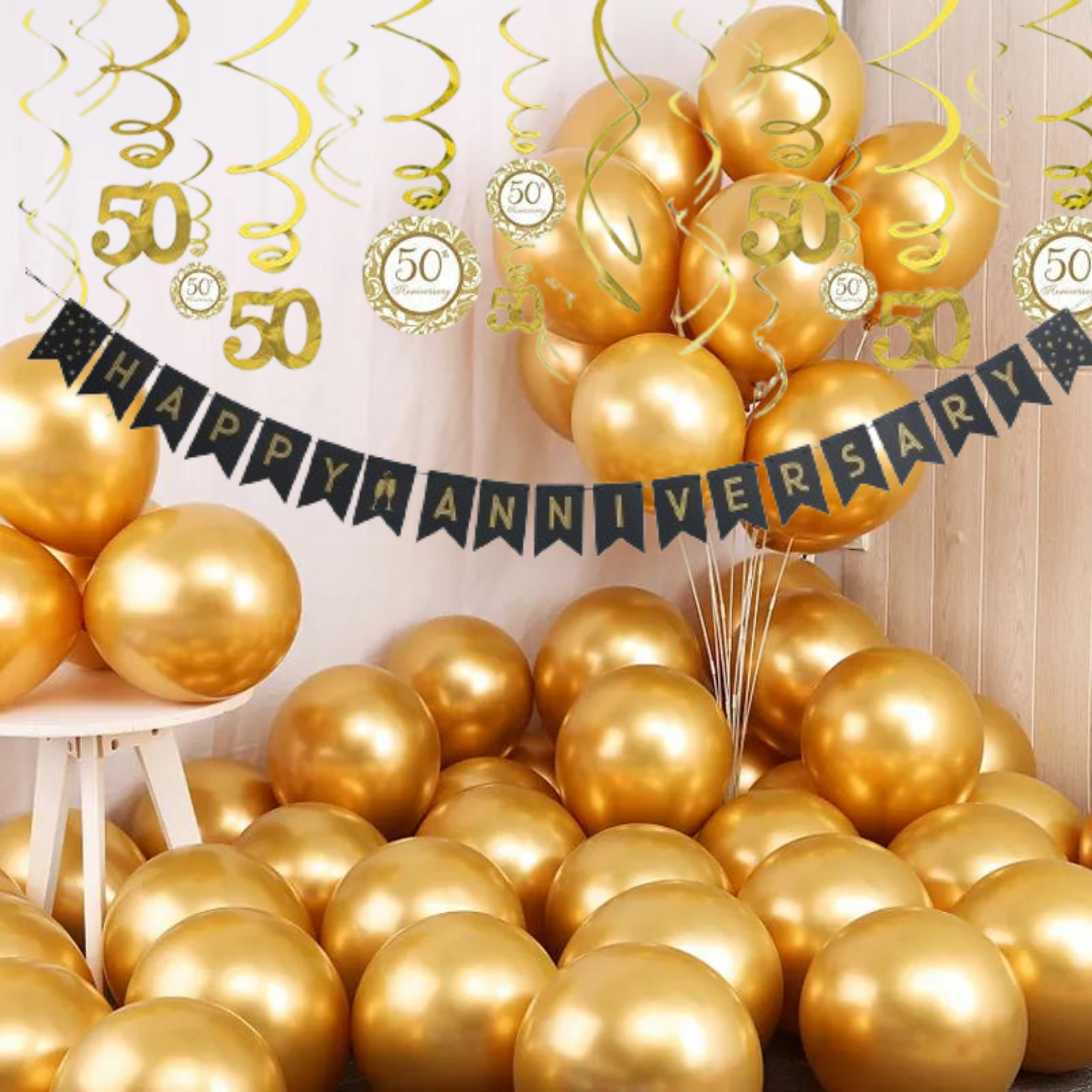 50th Anniversary Party Decorations Combo Pack- 50th Anniversary Swirls, Happy Anniversary Banner,20 Golden Latex Balloons