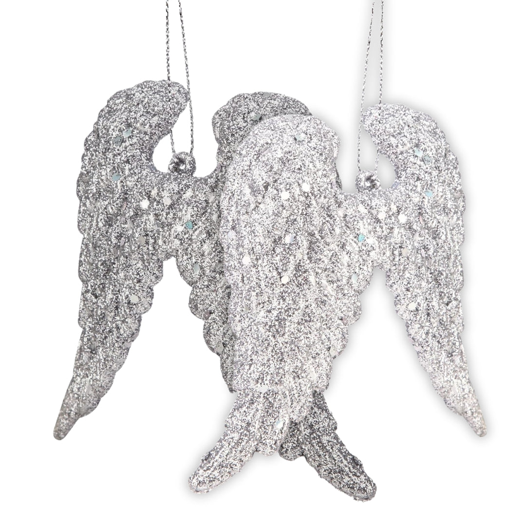 Christmas Angel Silver Wings w/ Glitter For Hanging Decor - 2PC