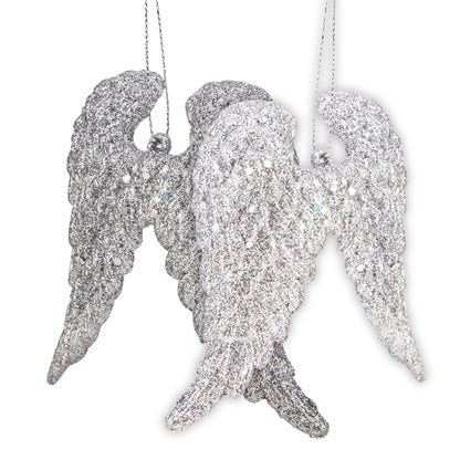 Christmas Angel Silver Wings w/ Glitter For Hanging Decor - 2PC