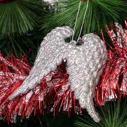 Christmas Angel Silver Wings w/ Glitter For Hanging Decor - 2PC